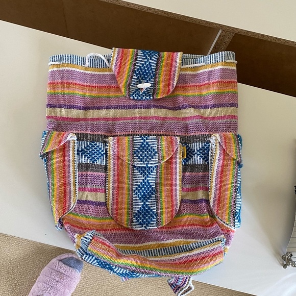 Handbags - Multicolor Woven Baja-Style Backpack with Drawstring, Shell Accent & Pockets